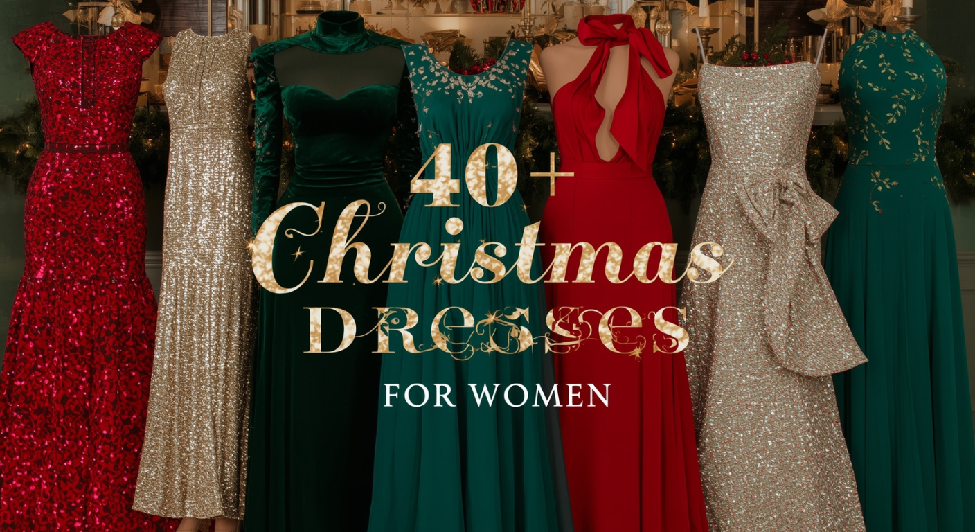 Stylish and festive collection of 40+ unique Christmas dresses for women in vibrant holiday colors with twinkling lights and elegant winter decorations.