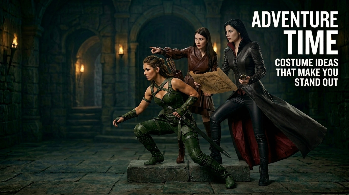 Adventure Time Costume Ideas with three fantasy cosplay models in leather outfits, capes, and bold adventure style for blog hero image. - Creed Leather