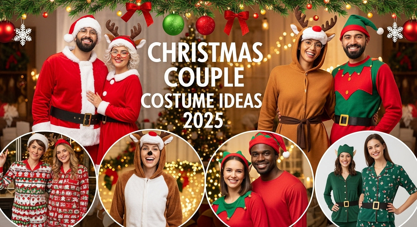 Christmas Couple Costume Ideas 2025 showing a couple in festive Santa, reindeer, elf, and movie-inspired outfits in a decorated holiday setting with twinkling lights and Christmas tree.