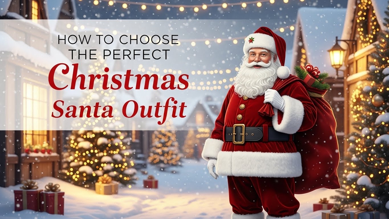 Festive Santa Claus in a red velvet suit with white fur, holding a gift sack in a snowy Christmas village, with stylish text: 'How to Choose the Perfect Christmas Santa Outfit.