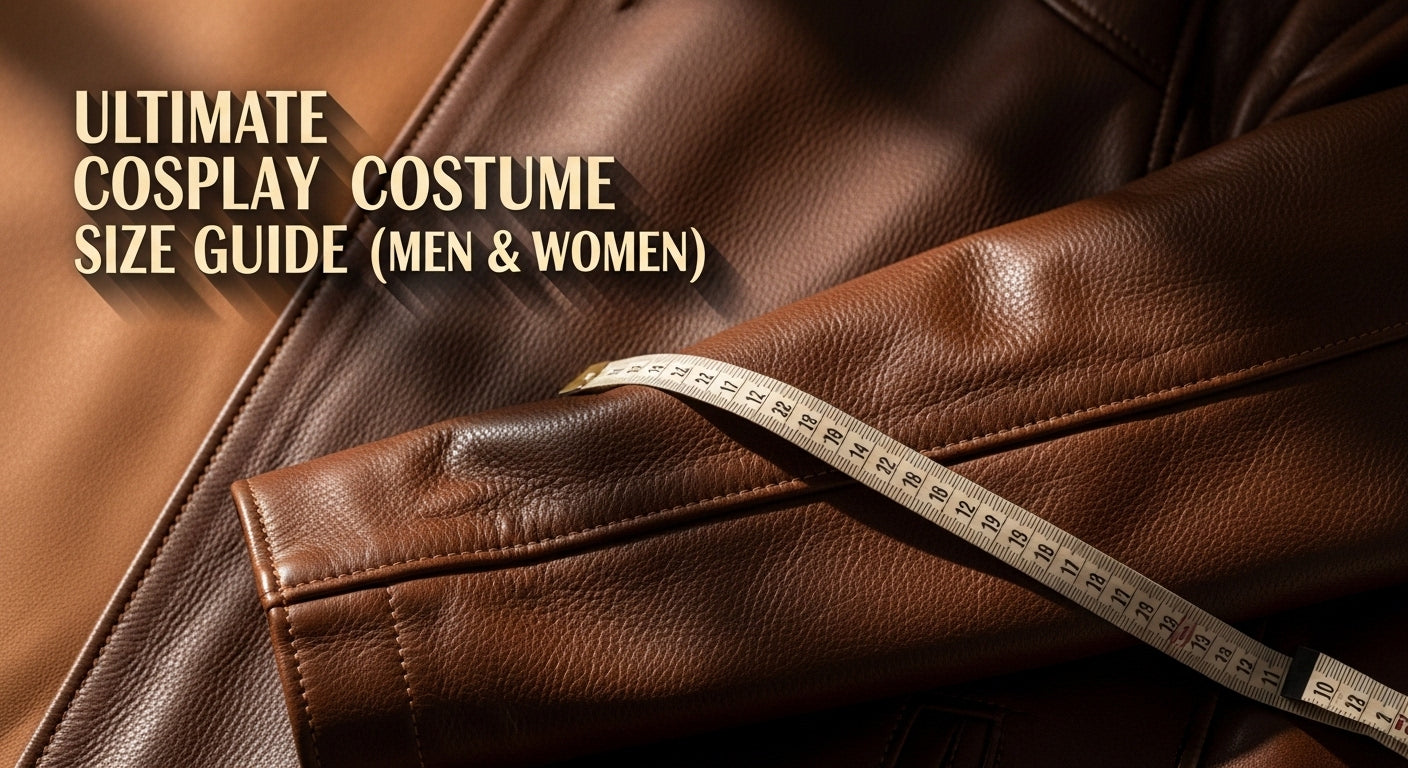 Premium brown leather cosplay jacket with measuring tape, ultimate cosplay costume size guide for men and women, accurate sizing concept. - Creed Leather