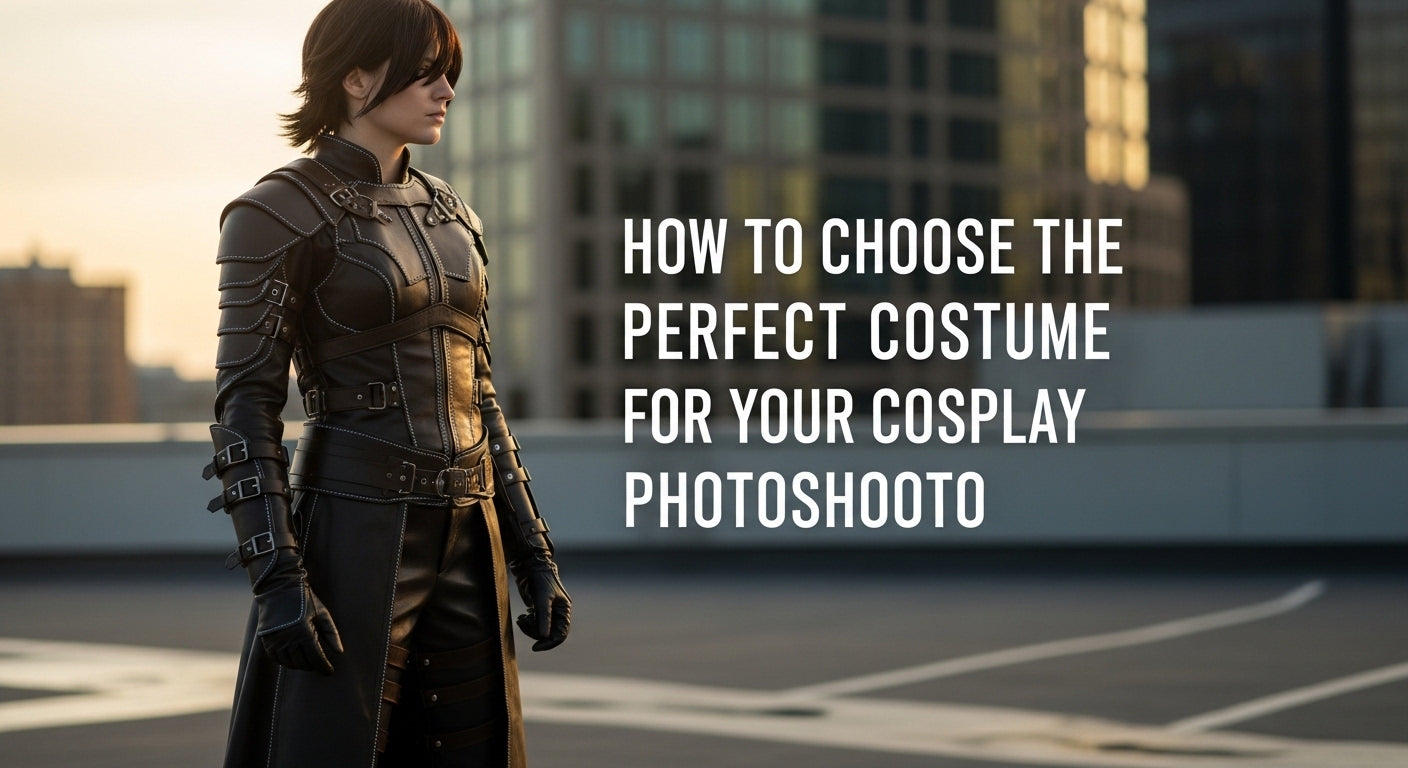 Cosplayer wearing premium leather armor costume on rooftop with title text How to Choose the Perfect Costume for Your Cosplay Photoshoot - Creed Leather