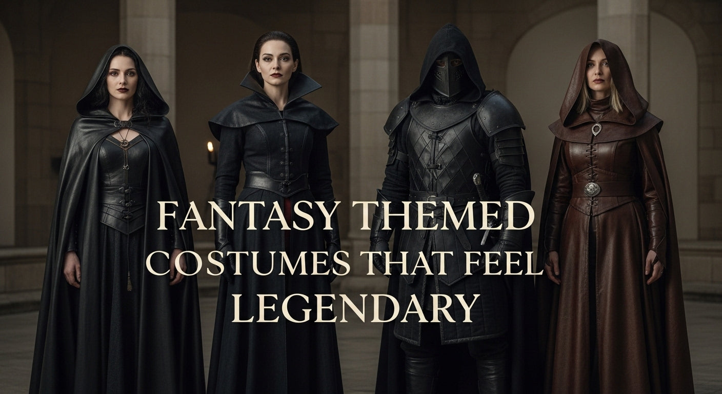 Fantasy themed costumes featuring a vampire queen, dark enchantress, hooded warrior, and huntress in realistic leather outfits with a bold legendary style. - Creed Leather