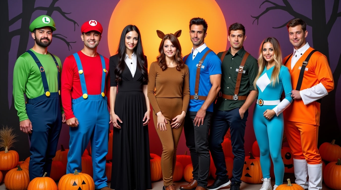 Group of diverse men and women in vibrant Halloween cosplay costumes including Super Mario, The Addams Family, Power Rangers, Scooby-Doo, and Ghostbusters for creative and spooky group costume ideas. - Creed Leather