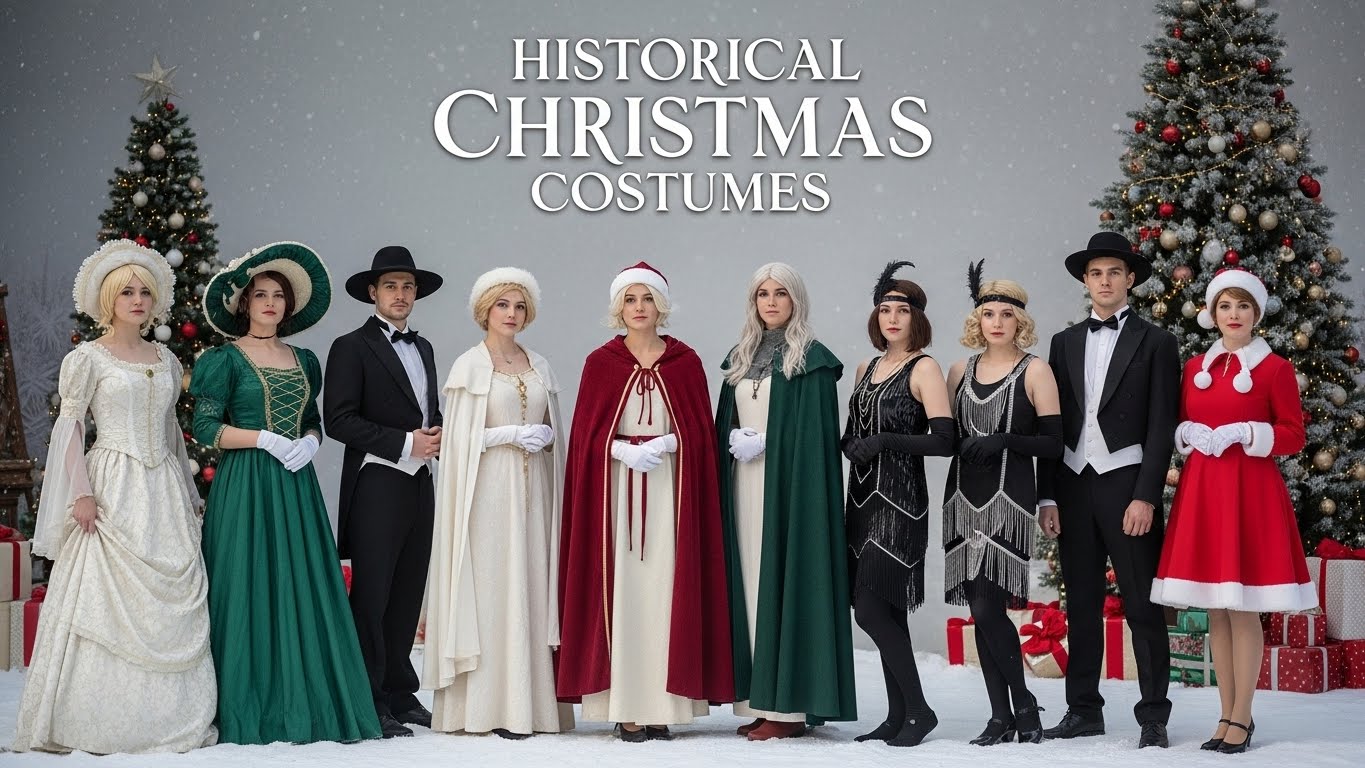 Men and women in Victorian, Medieval, 1920s, and 1950s Christmas costumes - Historical Christmas Costumes: Victorian to Retro Styles