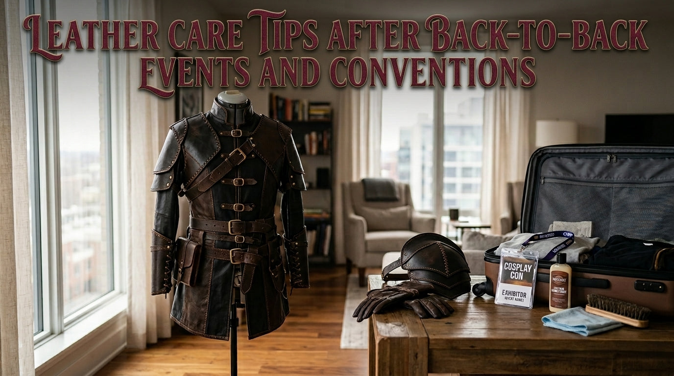 Feature image showing a stylish leather cosplay costume with leather care tools after a convention, illustrating leather care tips after back-to-back events and conventions. - Creed Leather