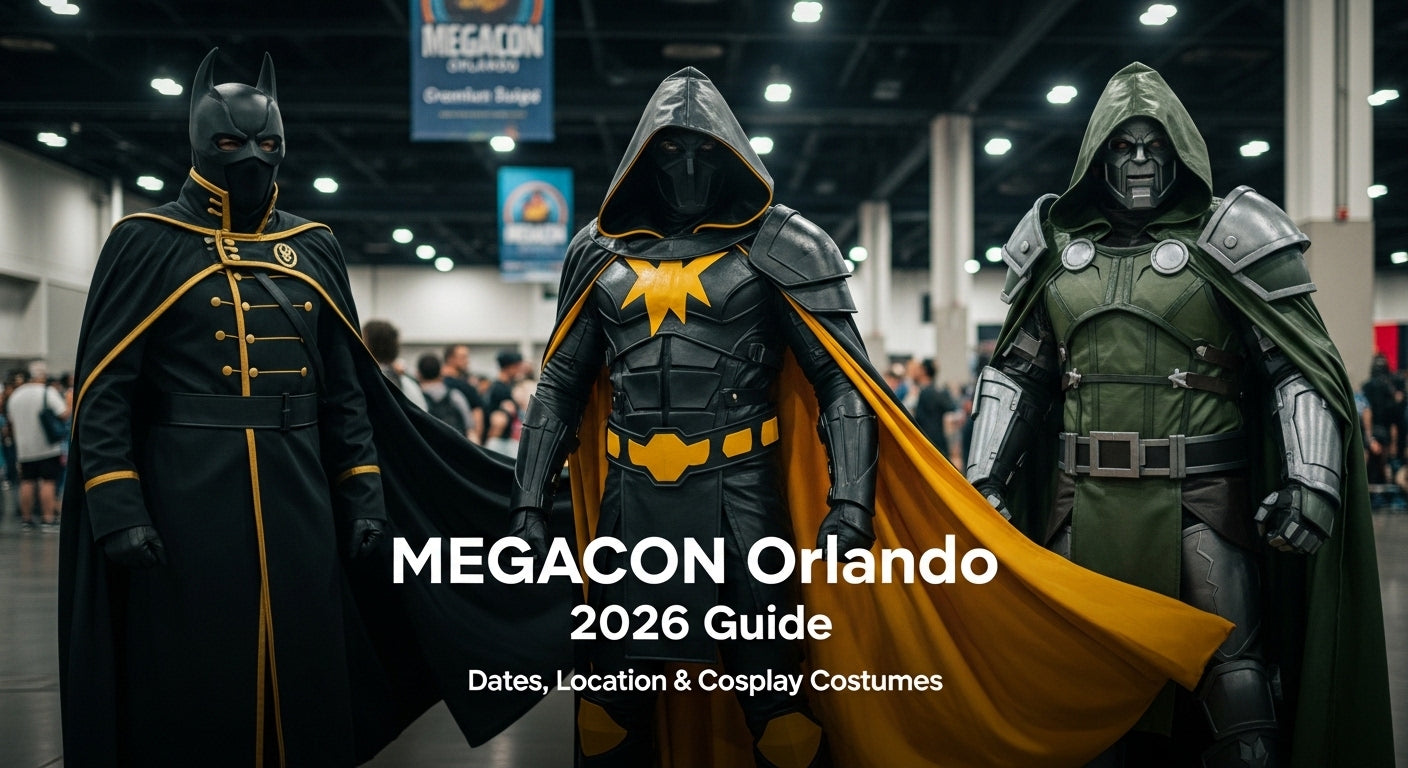 MEGACON Orlando 2026 feature image with realistic cosplayers wearing Code Geass Lelouch, superhero hooded cloak, and Dr Doom style villain costume. - Creed Leather