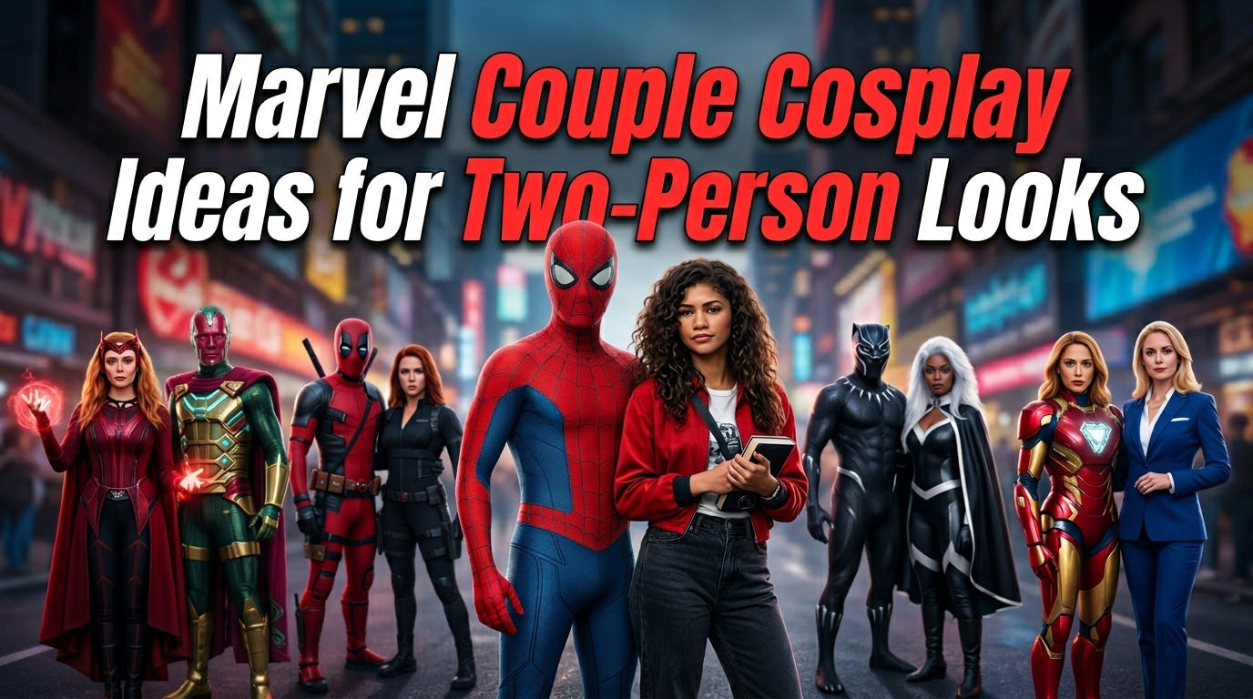 Marvel Couple cosplay ideas feature image with superhero-inspired couples, Spider-Man and MJ styling, and bold two-person looks title. - Creed Leather