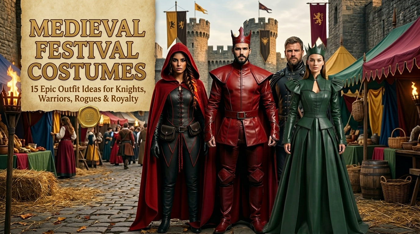Medieval festival costumes with knight, rogue, king and queen leather outfits at a castle fairground. - Creed Leather