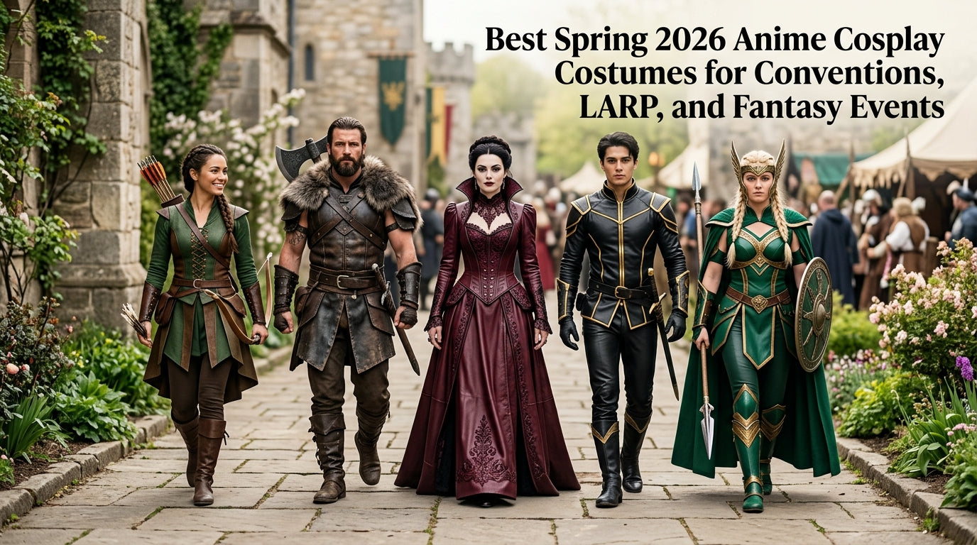 Best Spring 2026 anime cosplay costumes for conventions, LARP and fantasy events featuring realistic leather huntress, barbarian, queen and warrior looks. - Creed Leather