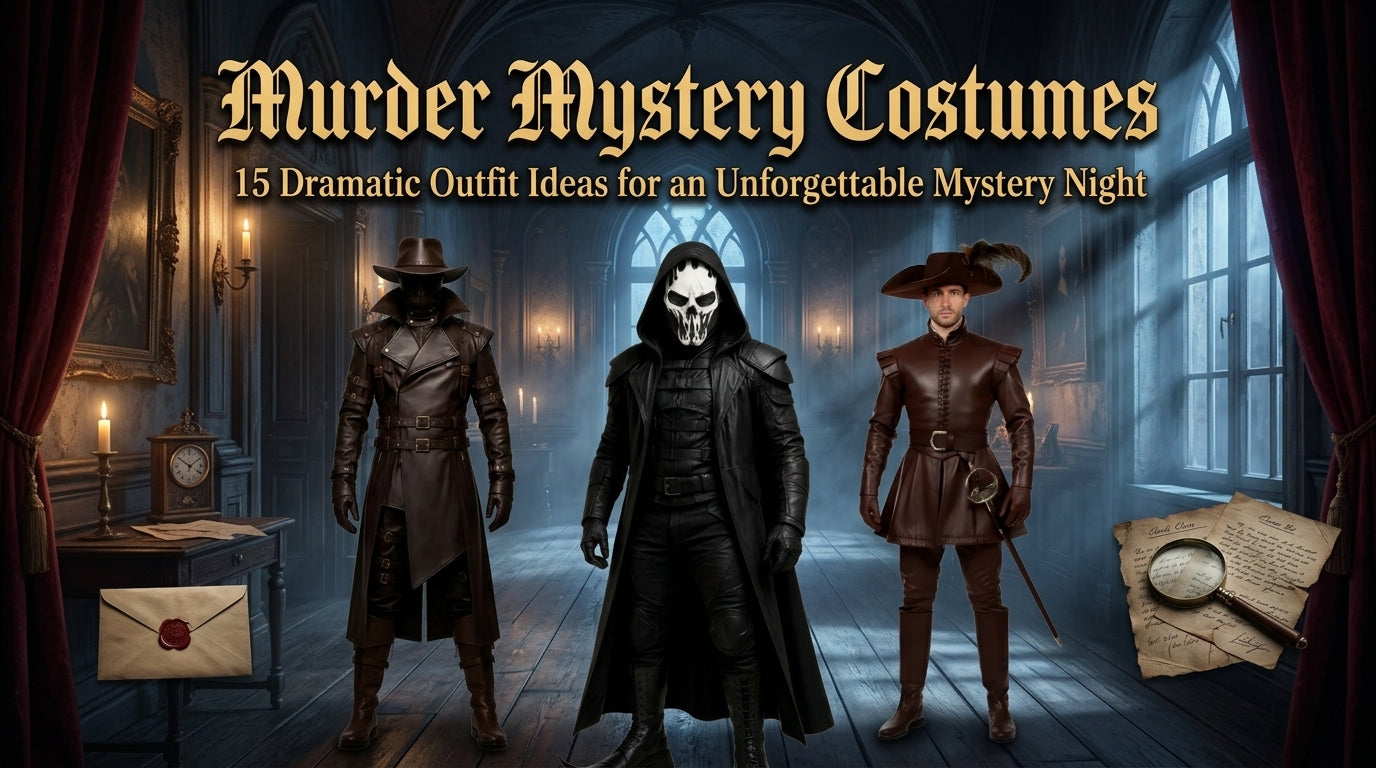 Murder Mystery Costumes blog banner with reaper, gothic hunter and duelist in haunted mansion mystery night scene. - Creed Leather