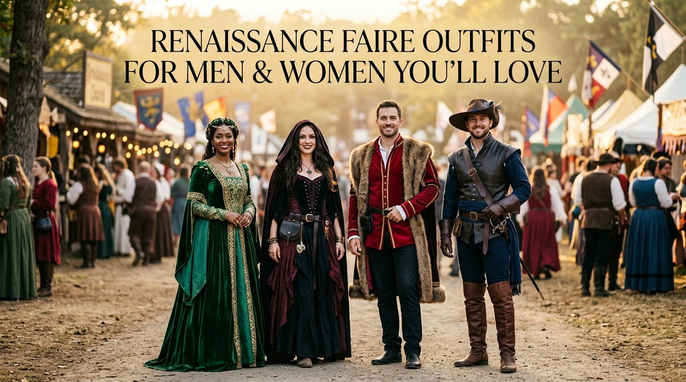 Renaissance Faire Outfits feature image with men and women in royal and fantasy fair looks walking through a lively fairground. - Creed Leather
