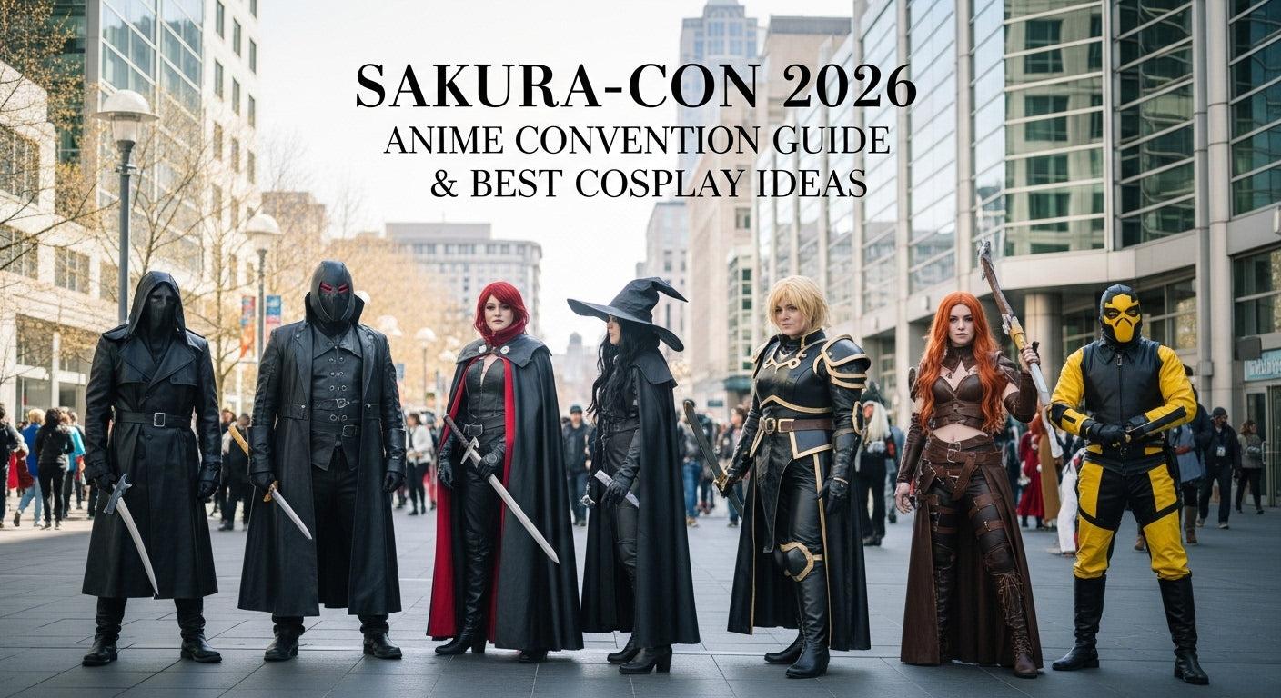 Sakura-Con 2026 crowd outside Seattle Convention Center with bold leather cosplay and event guide. - Creed Leather