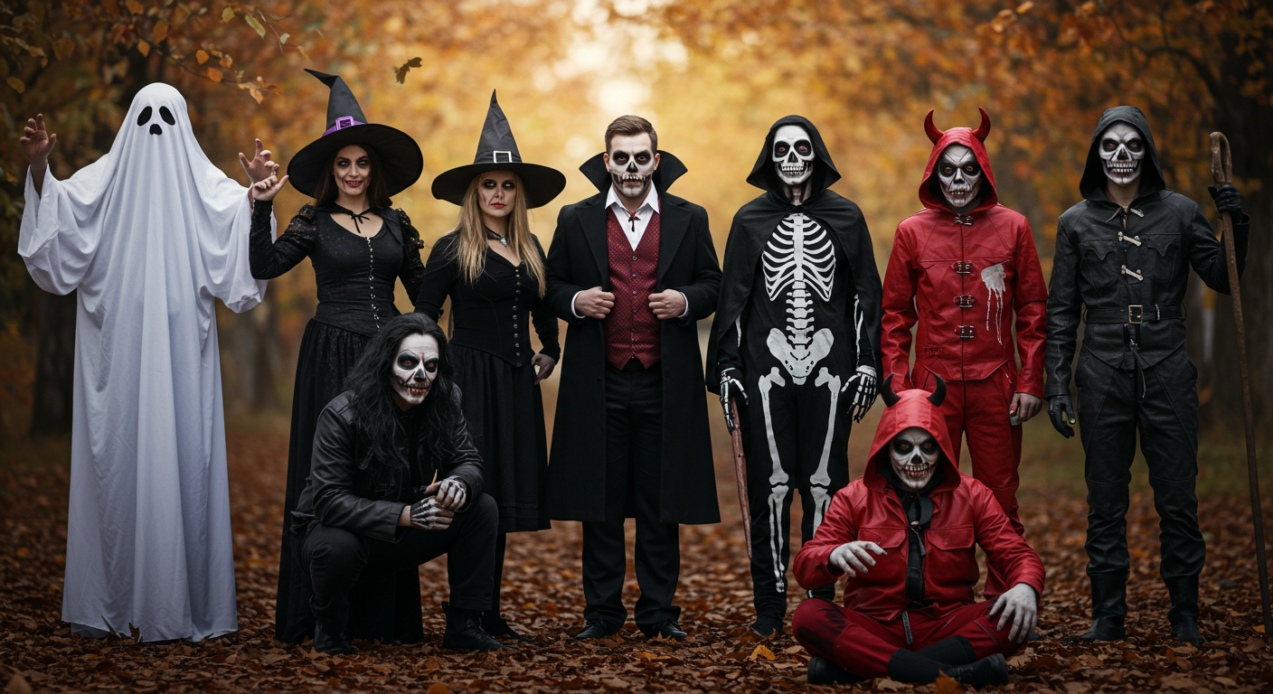 traditional Halloween costumes including ghost, witch, vampire, skeleton, zombie, and red & black devil outfit, standing outdoors among autumn leaves with soft evening light. - Creed Leather