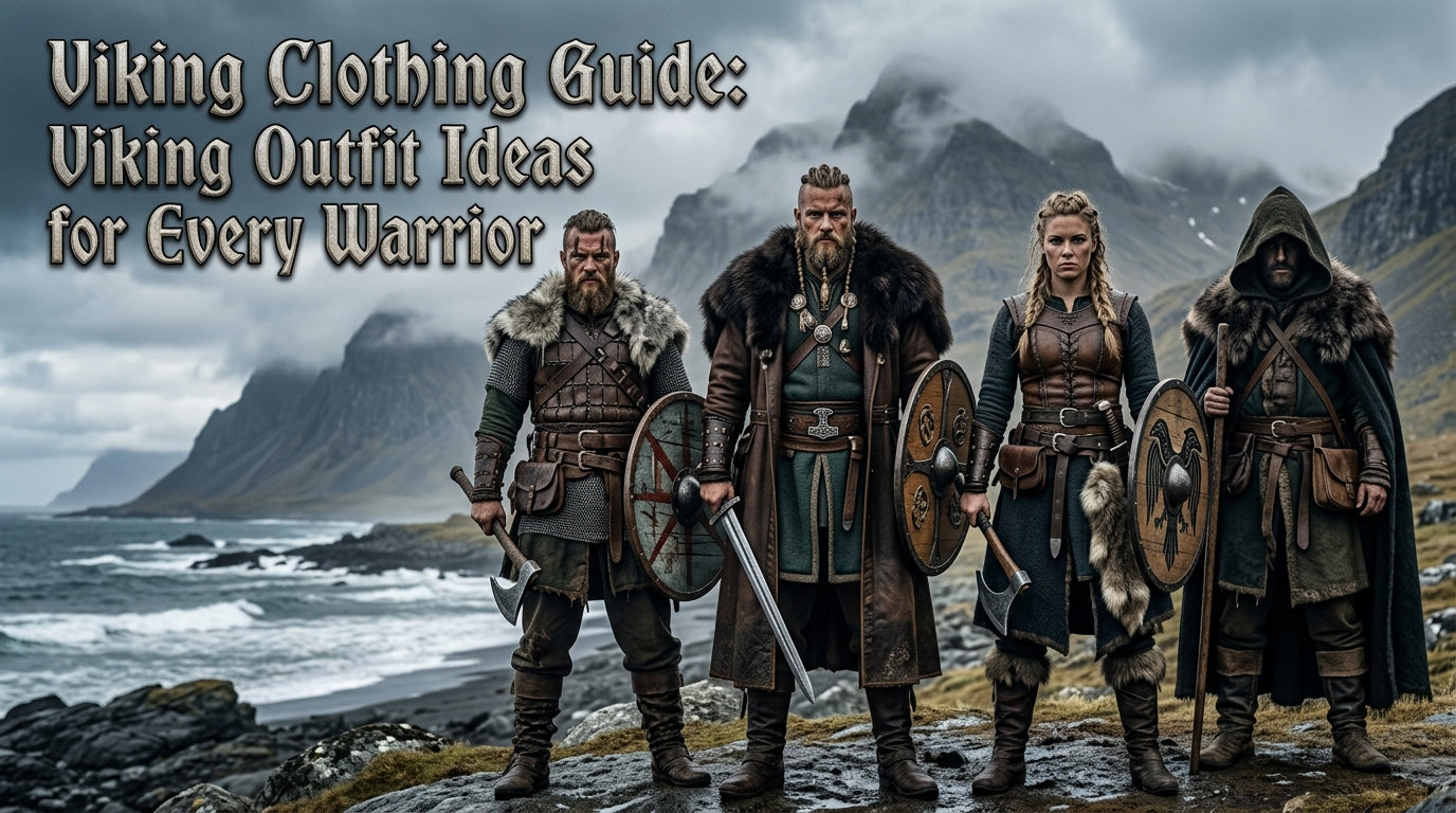 Viking clothing guide featuring raider, jarl, shieldmaiden, and hooded warrior in fur cloaks on a misty Nordic coast. - Creed Leather