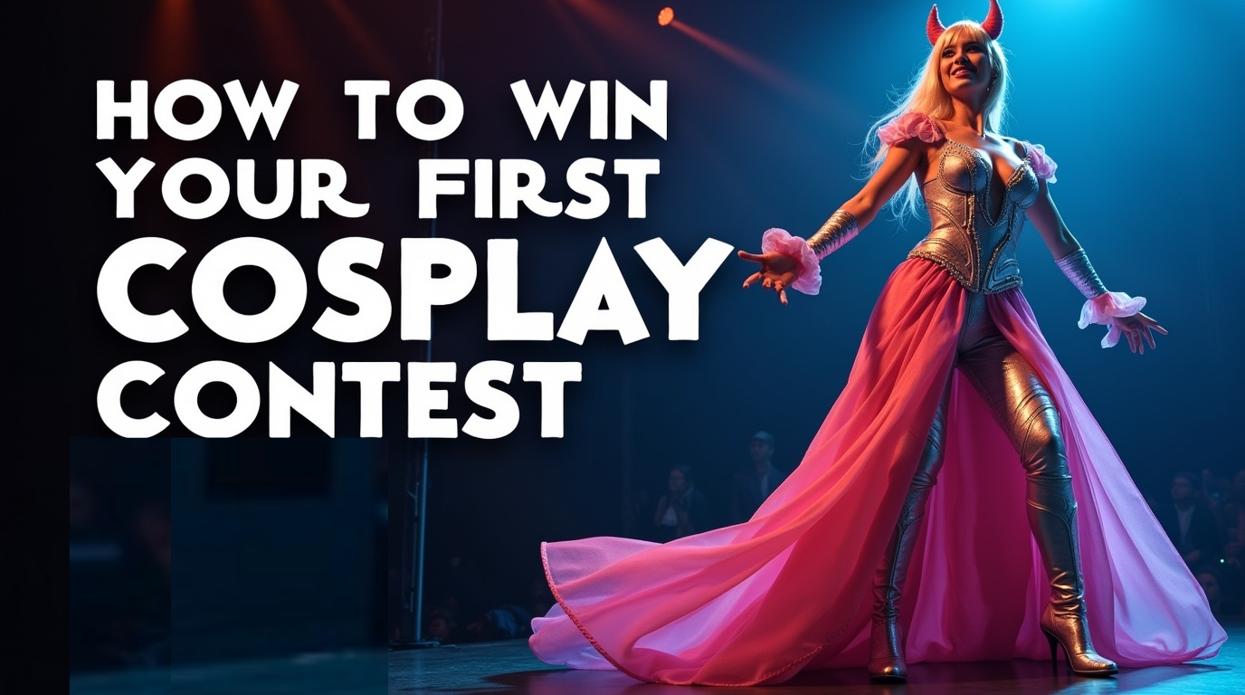 How to Win Your First Cosplay Contest', showing a confident cosplayer in a detailed costume performing on stage under dramatic lighting. Captures creativity, excitement, and competitive spirit of cosplay, optimized for desktop and mobile. - Creed Leather