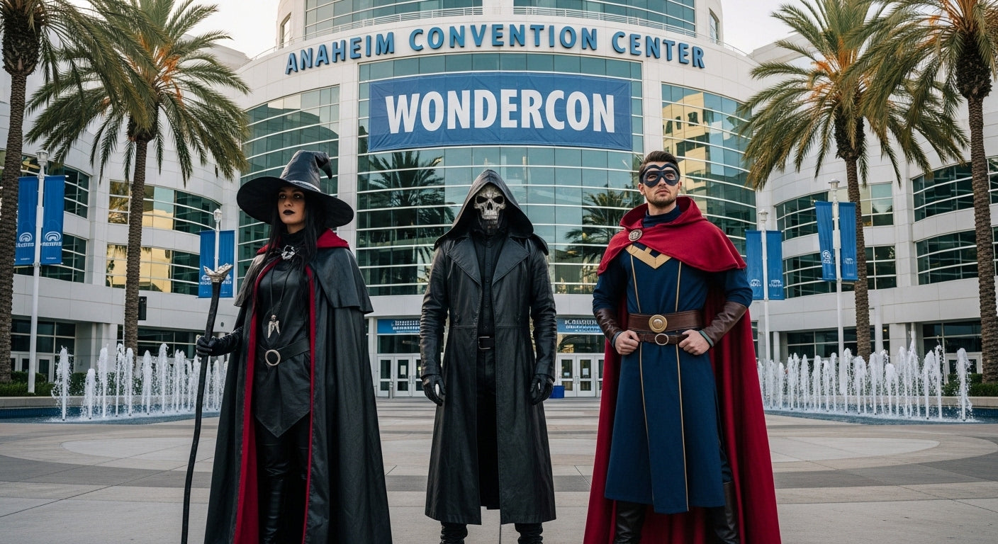 WonderCon Anaheim Convention Center with three realistic cosplayers in witch, grim reaper, and mystic hero costumes posing outside. - Creed Leather