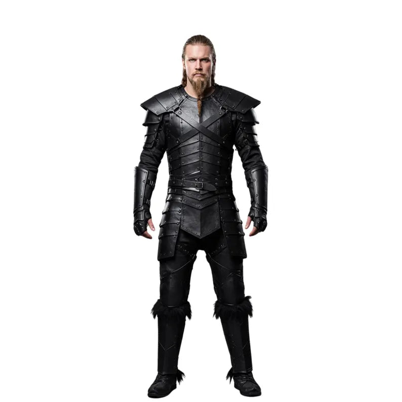 Nomad King-Handmade Black Leather Viking Armor With Fur - Genuine Leather Knight Armor Costume - Pure Black Leather Medieval Armor