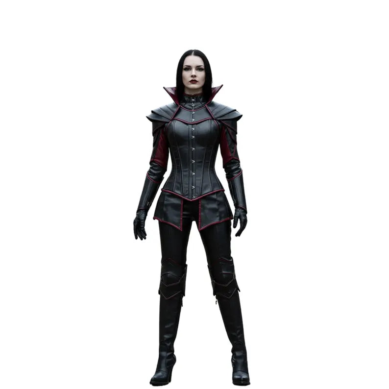 Ironblood Empress Gothic Leather Armor Set – Handmade Vampire Cosplay Outfit with black and red leather corset, shoulder plates, and armored pants