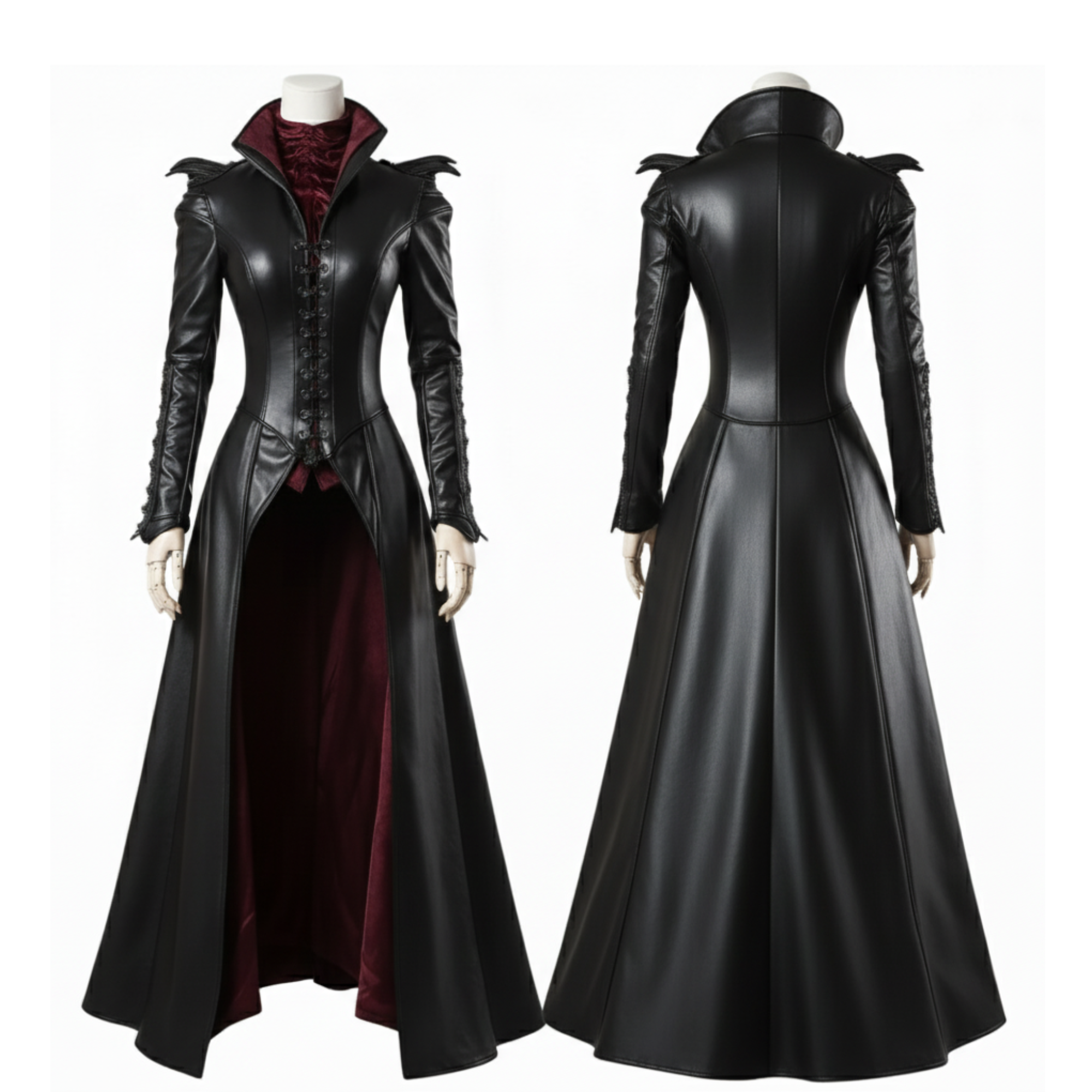 The Bloodthorn Queen handmade leather gothic vampire queen cosplay gown shown from front and back — long black coat dress with crimson lining, corset front, flared skirt, and elegant high collar. Full fantasy cosplay costume set.