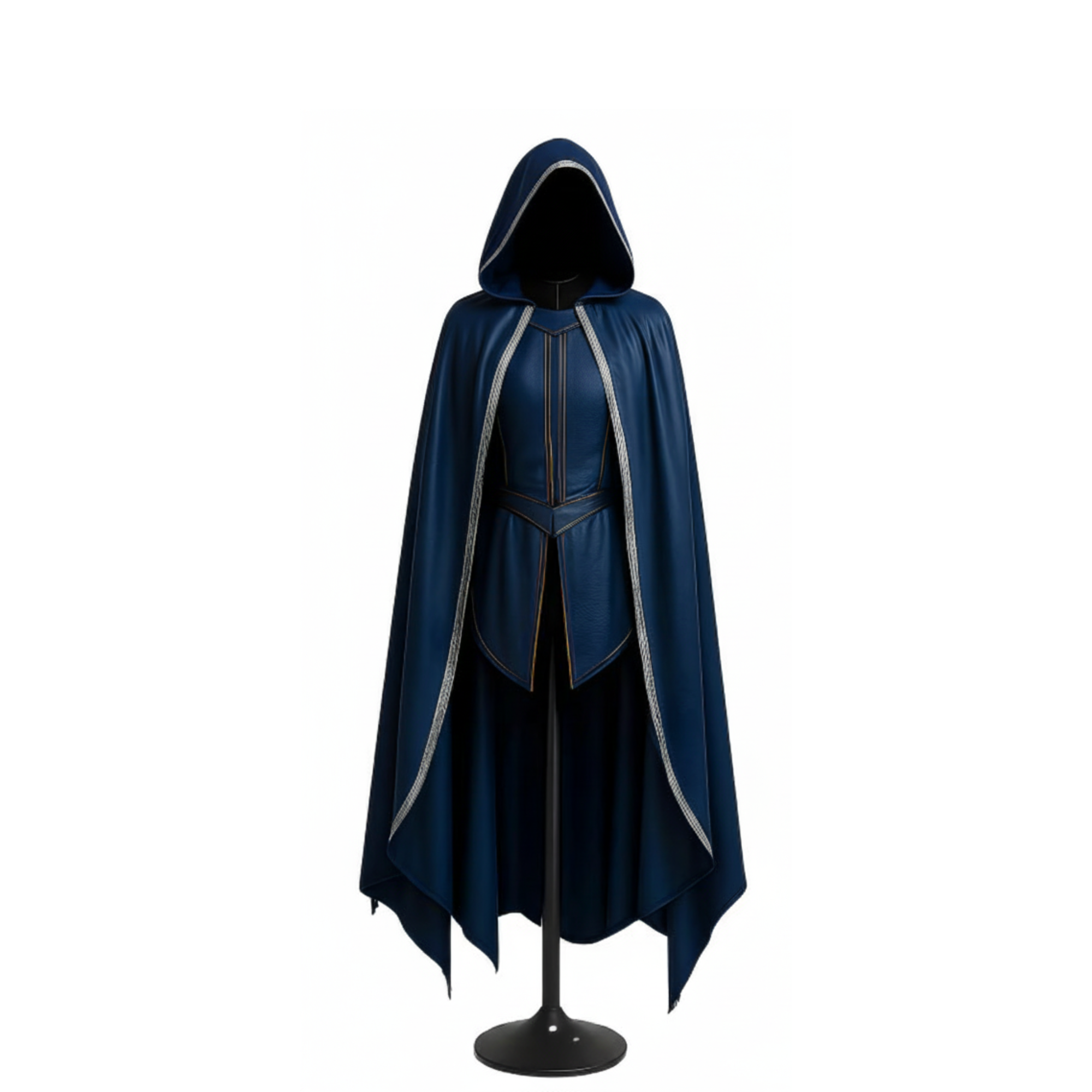 Handmade sapphire blue hooded fantasy cloak and vest set for LARP cosplay and medieval costumes. - creed Leather