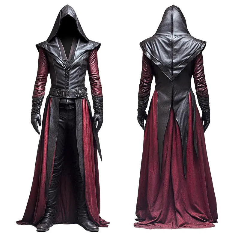Front and back view of handcrafted medieval hooded cloak in black and crimson leather, gothic cosplay robe for warlock or alchemist costume.