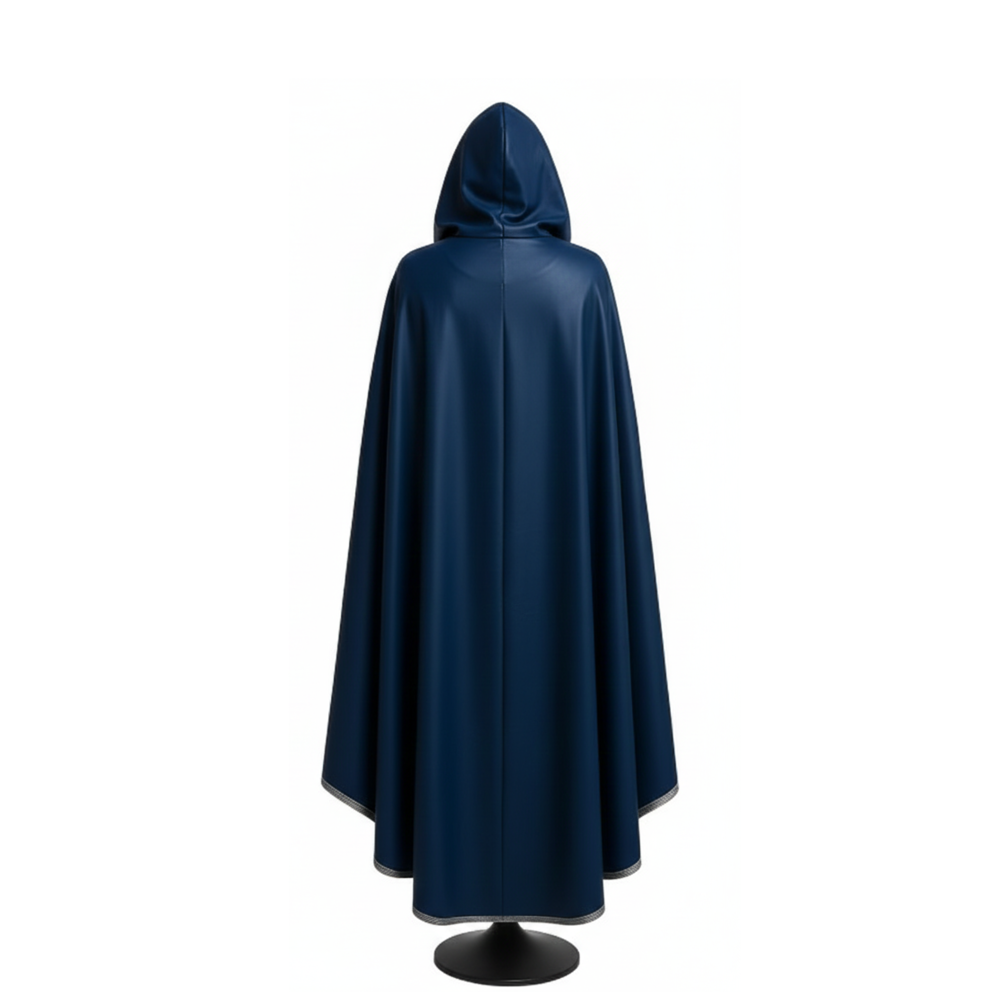 Back view of long flowing sapphire blue hooded cloak fantasy medieval costume. - Creed Leather