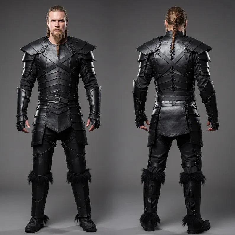 Nomad King-Handmade Black Leather Viking Armor With Fur - Genuine Leather Knight Armor Costume - Pure Black Leather Medieval Armor