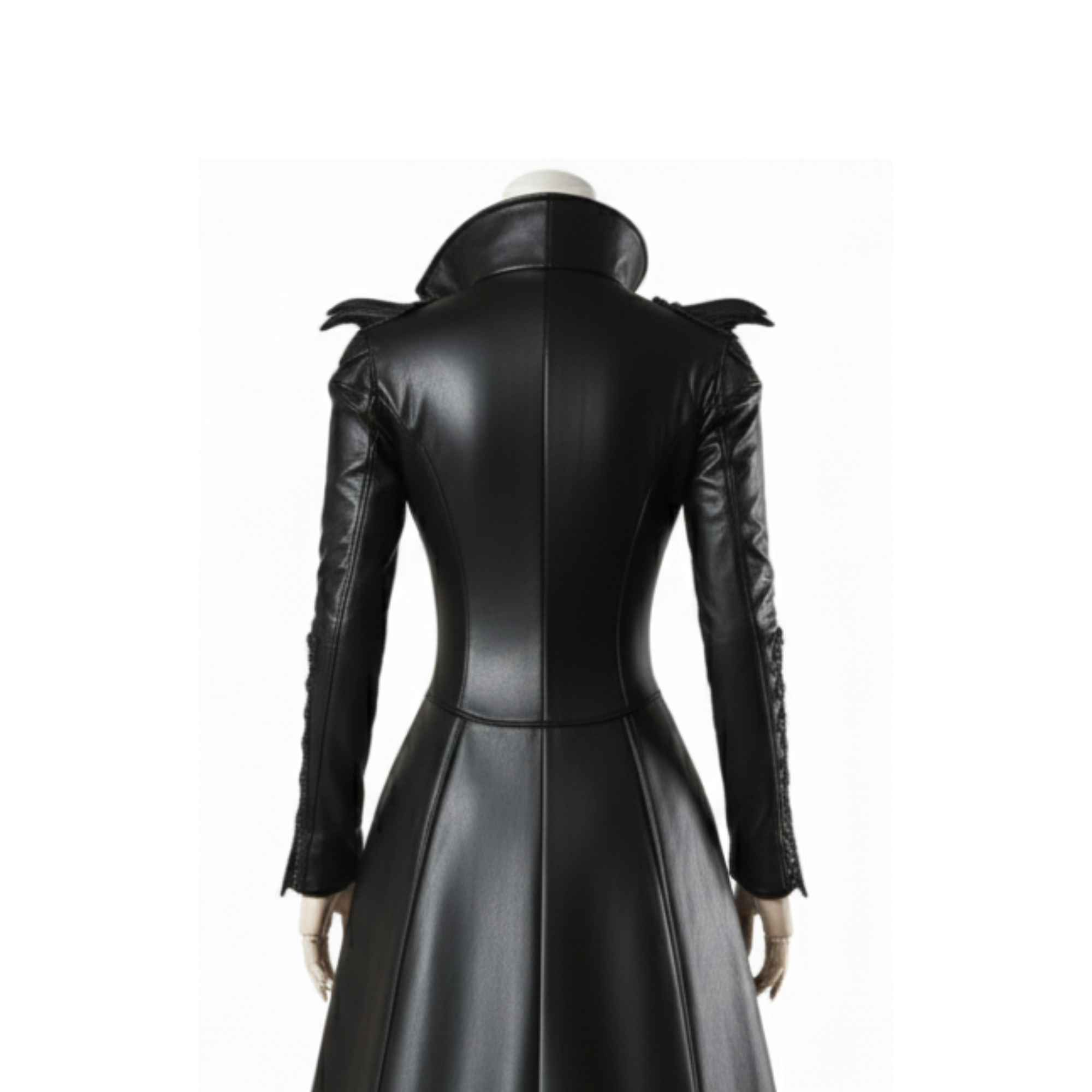 Close-up of the back collar and shoulders of The Bloodthorn Queen vampire queen leather coat — sculpted high collar and textured stitching on smooth black leather. Gothic fashion and fantasy cosplay design.