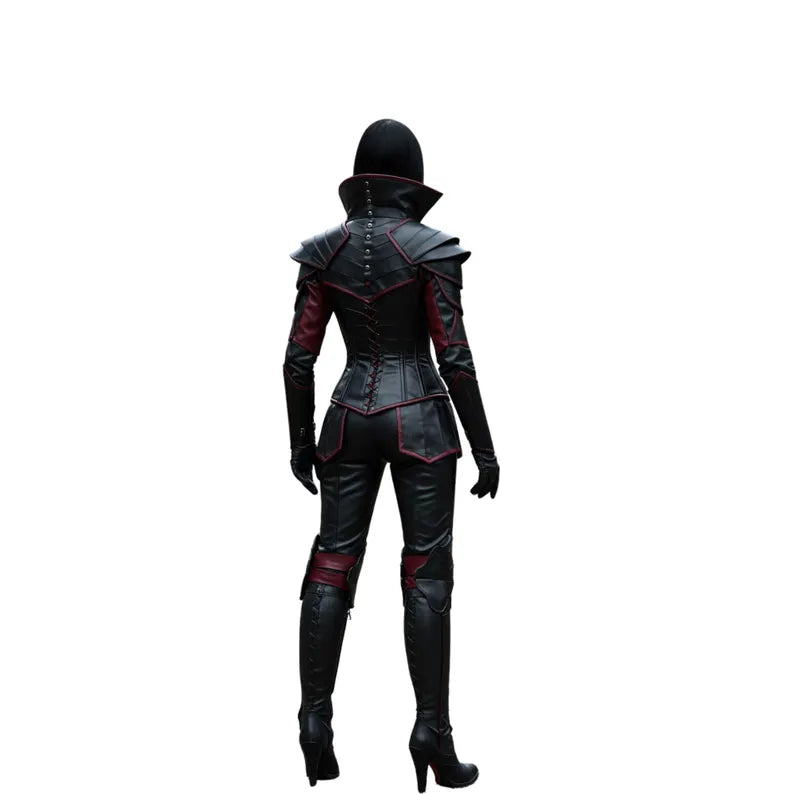 Back view of Ironblood Empress Gothic Leather Armor – handmade cosplay armor set featuring detailed leather panels and fitted gothic silhouette.