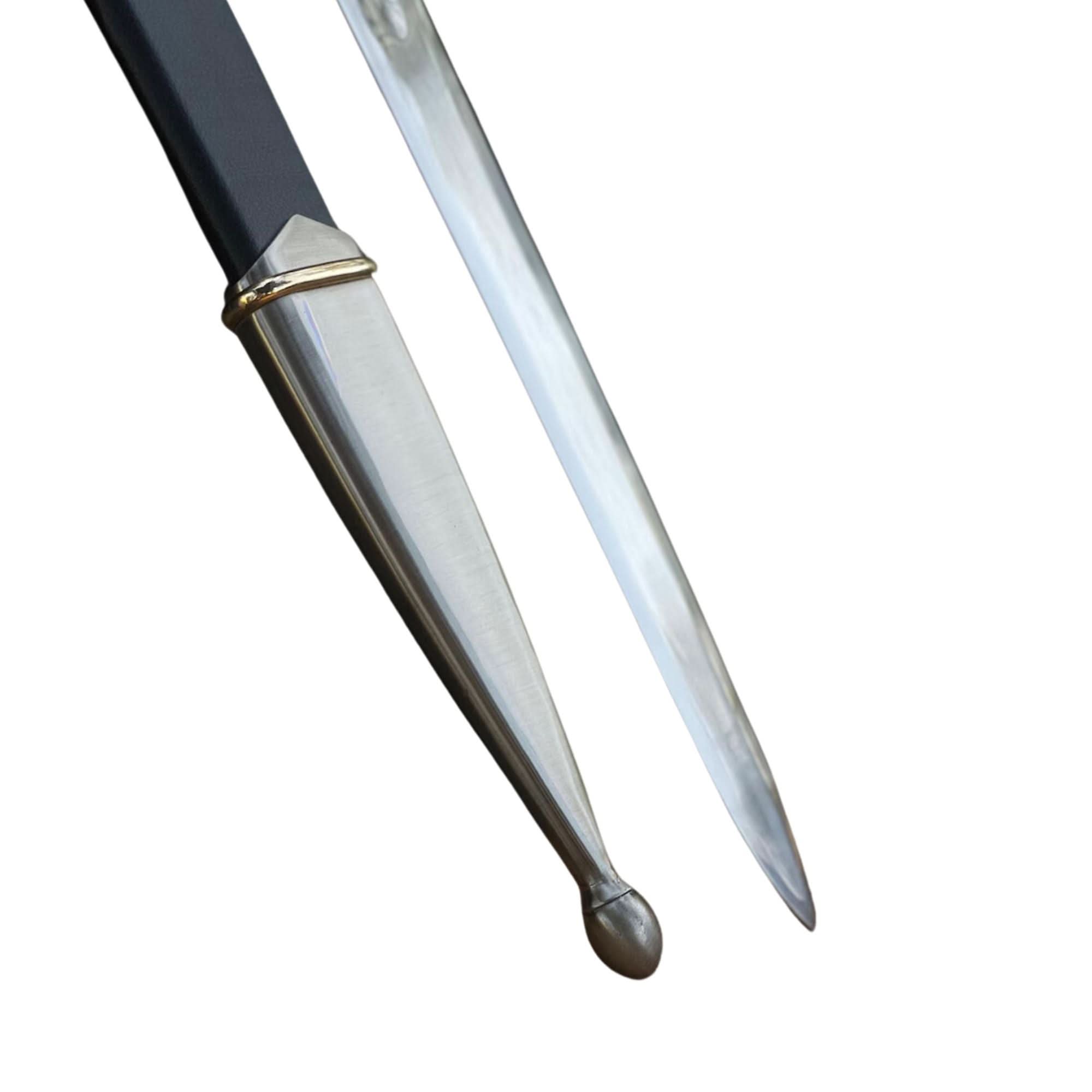 Detailed view of Elven Sword hilt with gemstone, leather grip, and ornate crossguard inspired by Lord of the Rings.