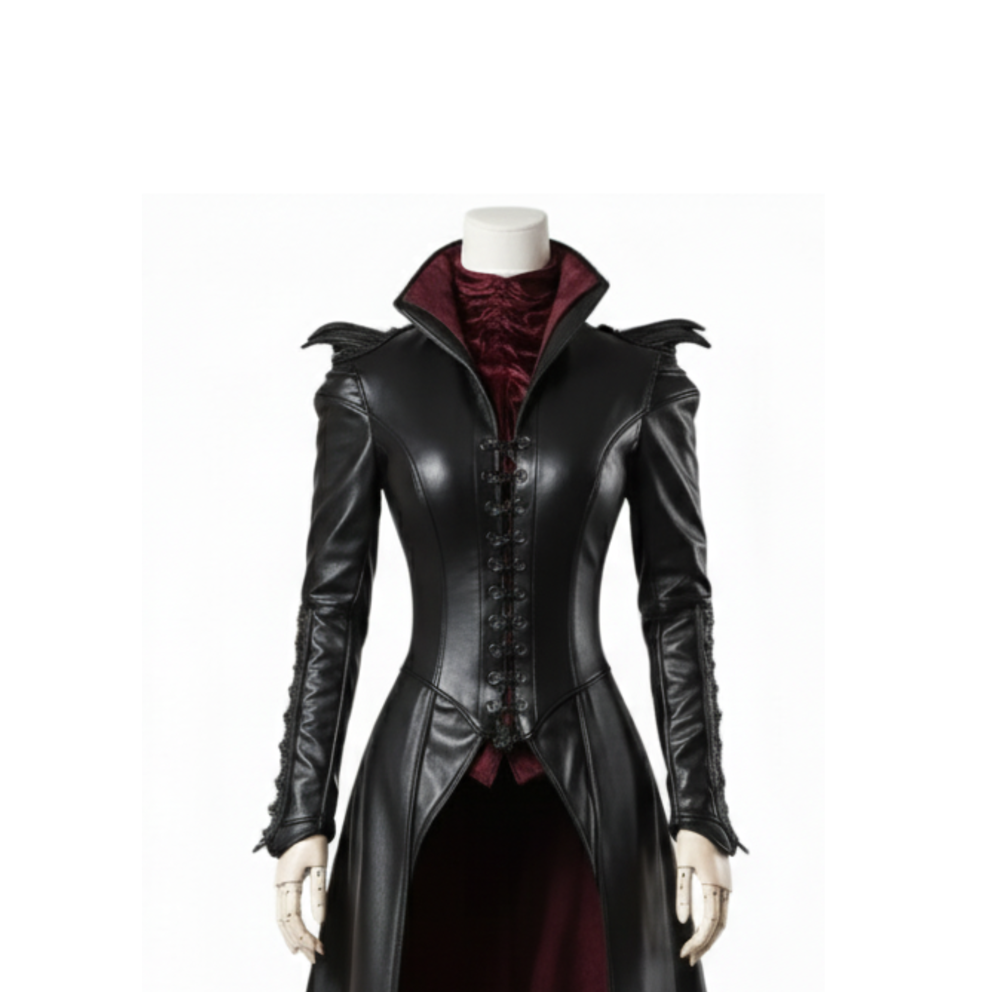 Close-up of corset bodice on The Bloodthorn Queen leather gothic gown — detailed stitching, fitted waist, and deep red inner lining. Victorian vampire queen cosplay costume with pure leather construction.