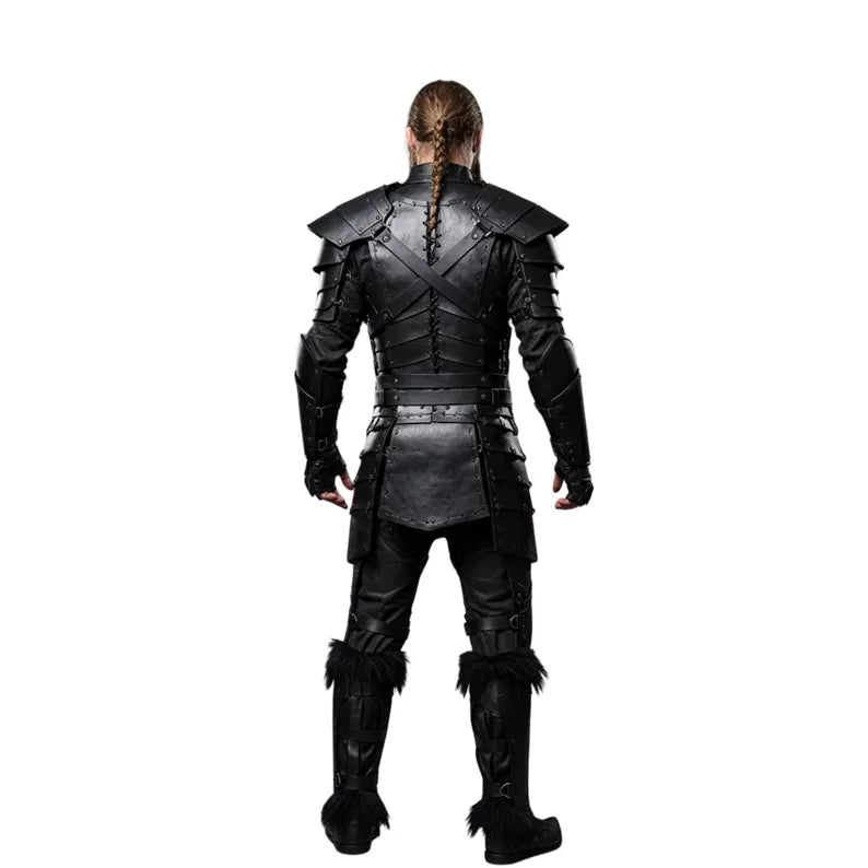 Nomad King-Handmade Black Leather Viking Armor With Fur - Genuine Leather Knight Armor Costume - Pure Black Leather Medieval Armor
