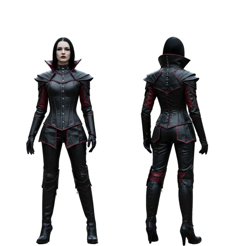 Front and back views of Ironblood Empress Gothic Leather Armor Set – handmade black and red vampire cosplay outfit with corset, pants, and shoulder armor.