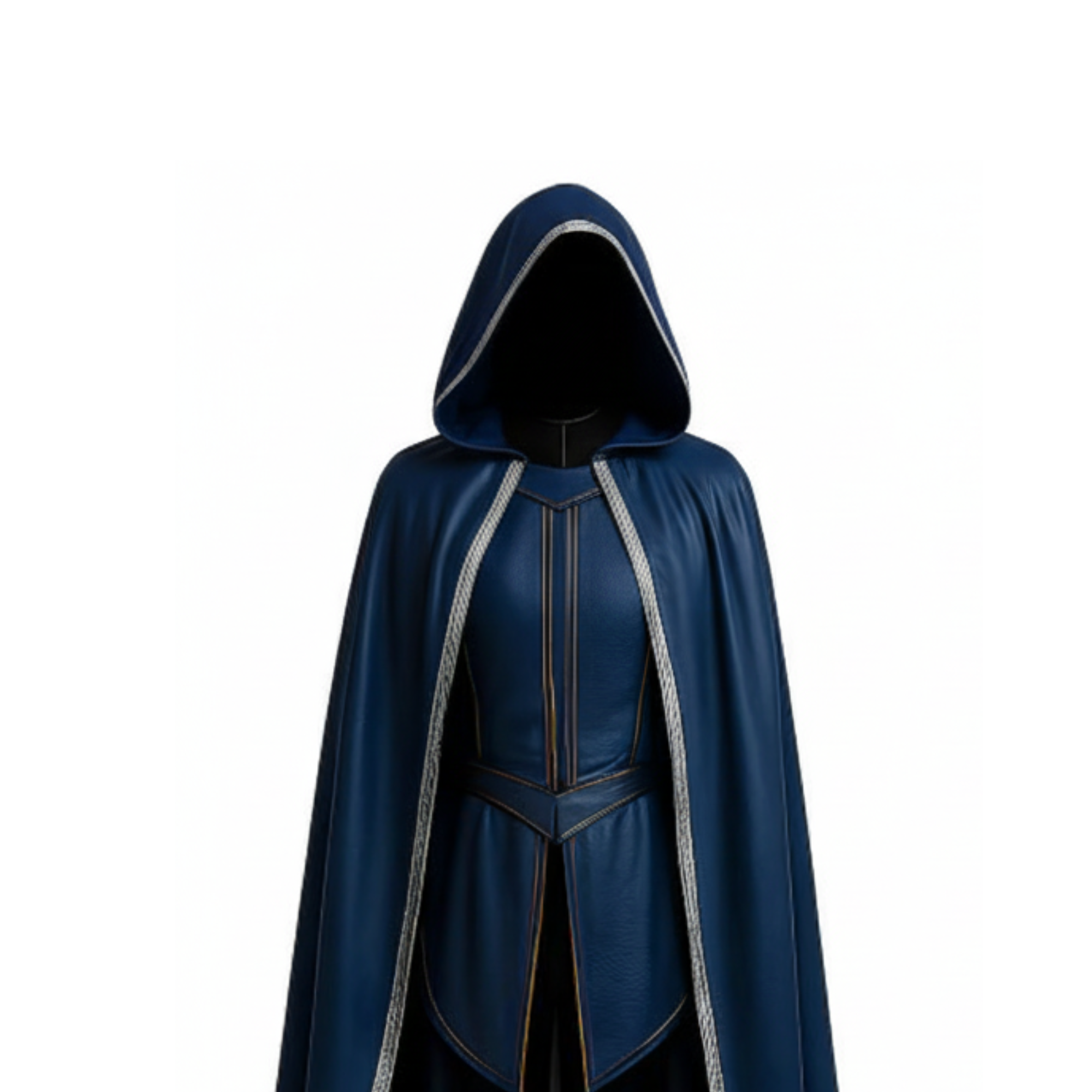 Front close view of sapphire blue hooded cloak with silver trim and structured leather vest. - Creed Leather