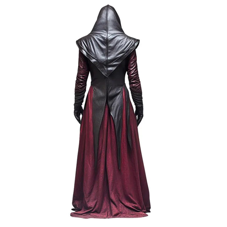Back view of medieval hooded cloak in black and red leather, gothic trench coat style with wide hood and flowing design for fantasy cosplay.