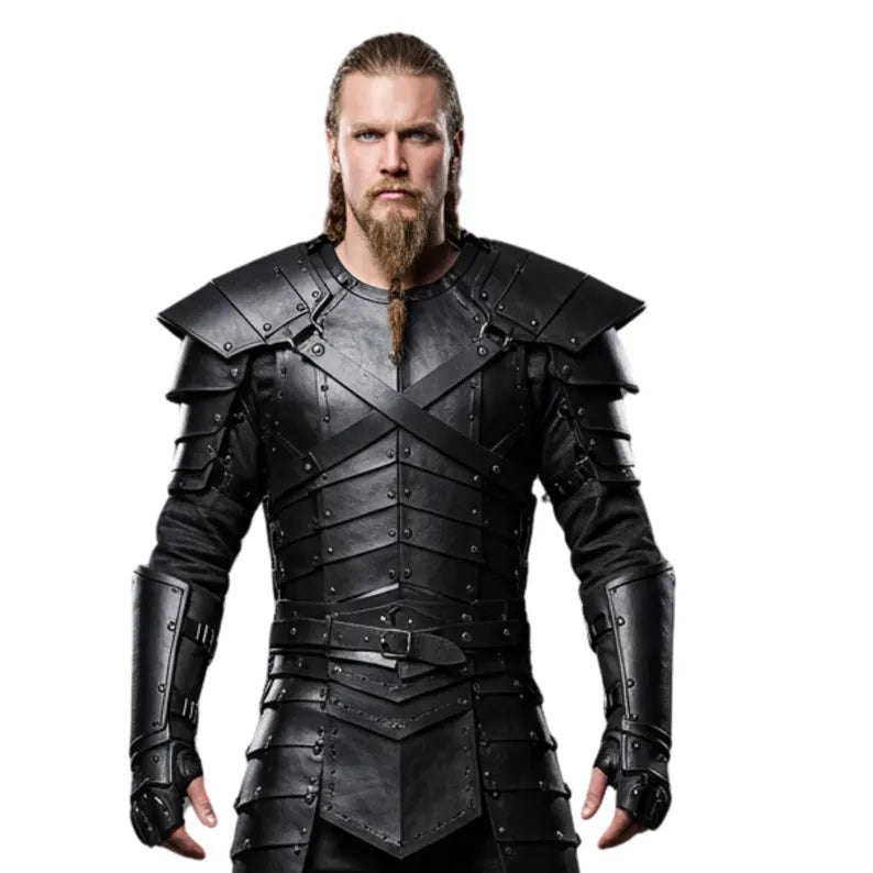 Nomad King-Handmade Black Leather Viking Armor With Fur - Genuine Leather Knight Armor Costume - Pure Black Leather Medieval Armor