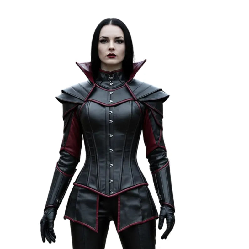 Front close view of Ironblood Empress Gothic Leather Corset – black and red handmade armor with structured boned corset and gothic collar detailing