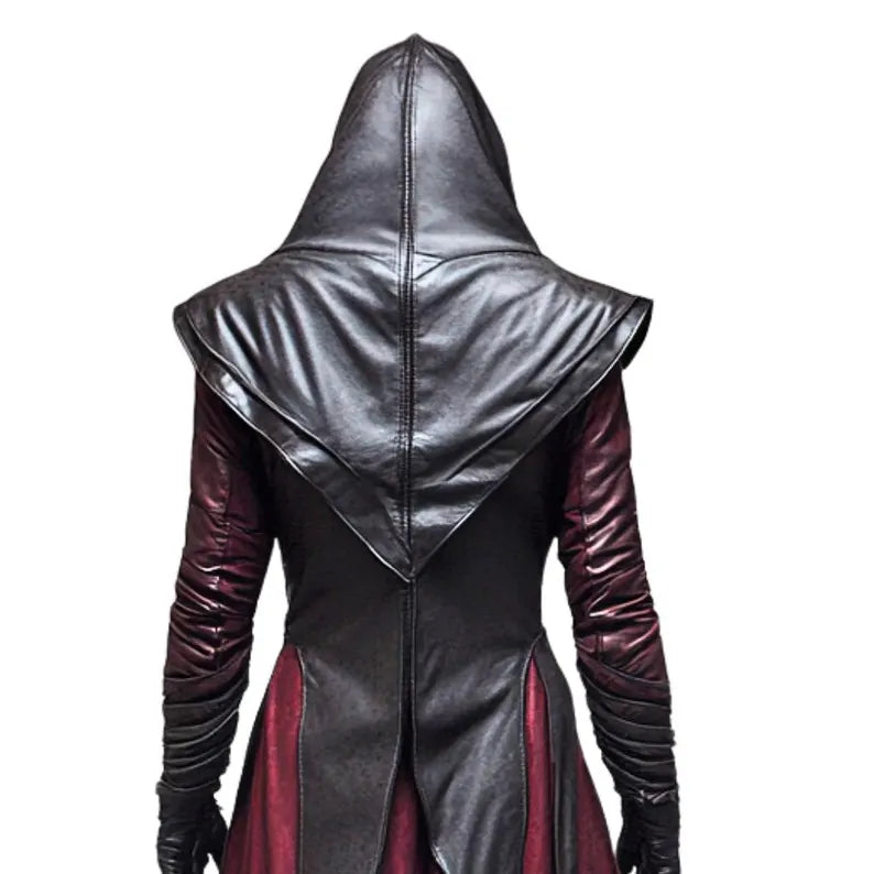 Close-up of back detailing on gothic leather robe, showing handcrafted stitching and red leather accents on medieval hooded cloak.