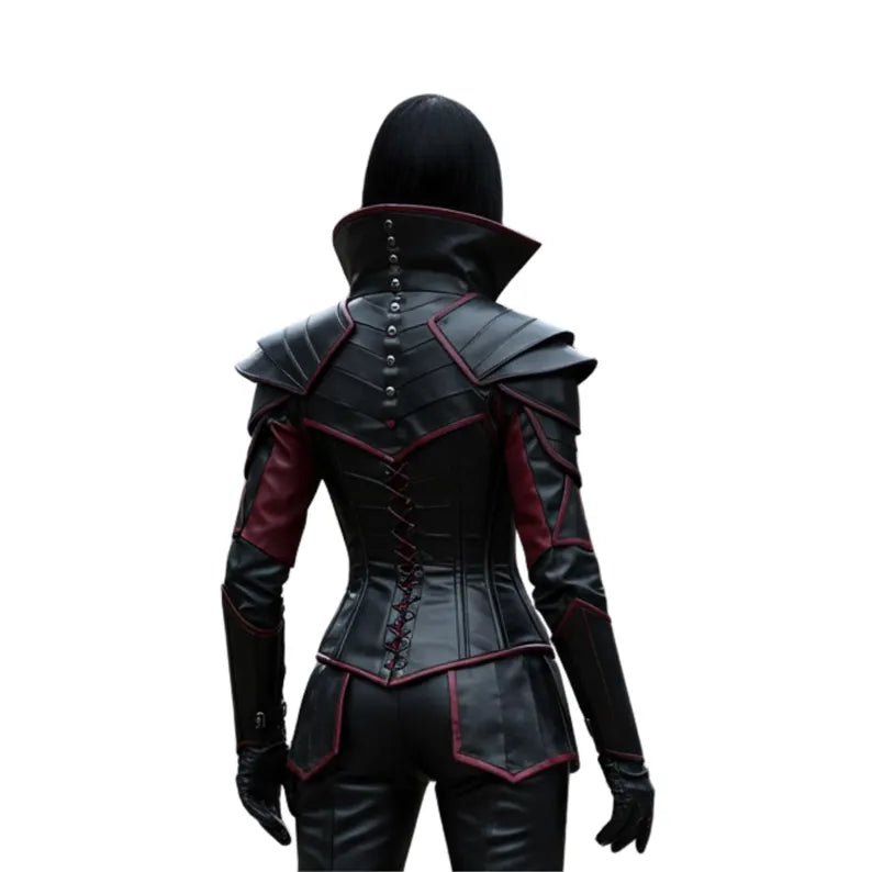 Close-up of back leather detailing on Ironblood Empress Vampire Cosplay Costume – handcrafted black and red gothic leather armor corset