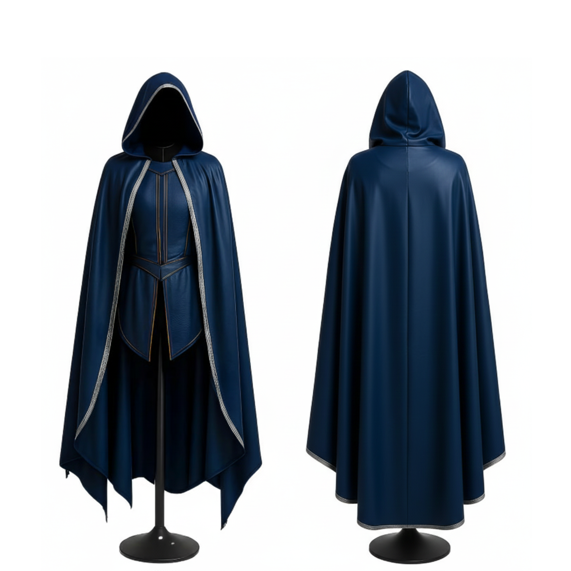 Front and back combined view of sapphire blue fantasy hooded cloak and vest set for cosplay and LARP. - Creed Leather