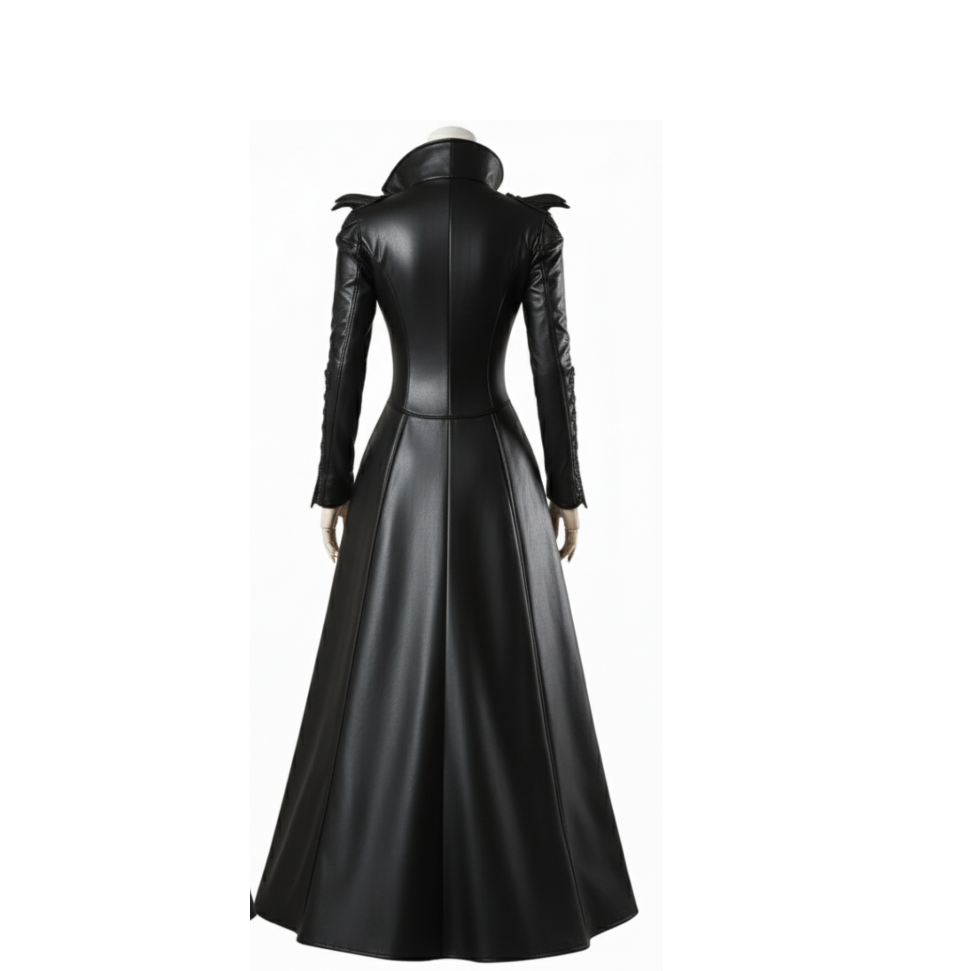 Back view of The Bloodthorn Queen gothic vampire queen cosplay gown — long black leather coat with fitted waist, high standing collar, and dramatic flared skirt. Handmade fantasy leather queen outfit for dark couture and cosplay.