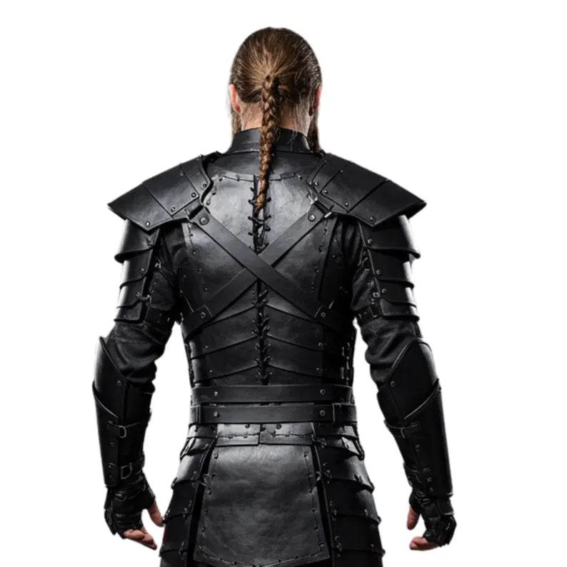 Nomad King-Handmade Black Leather Viking Armor With Fur - Genuine Leather Knight Armor Costume - Pure Black Leather Medieval Armor