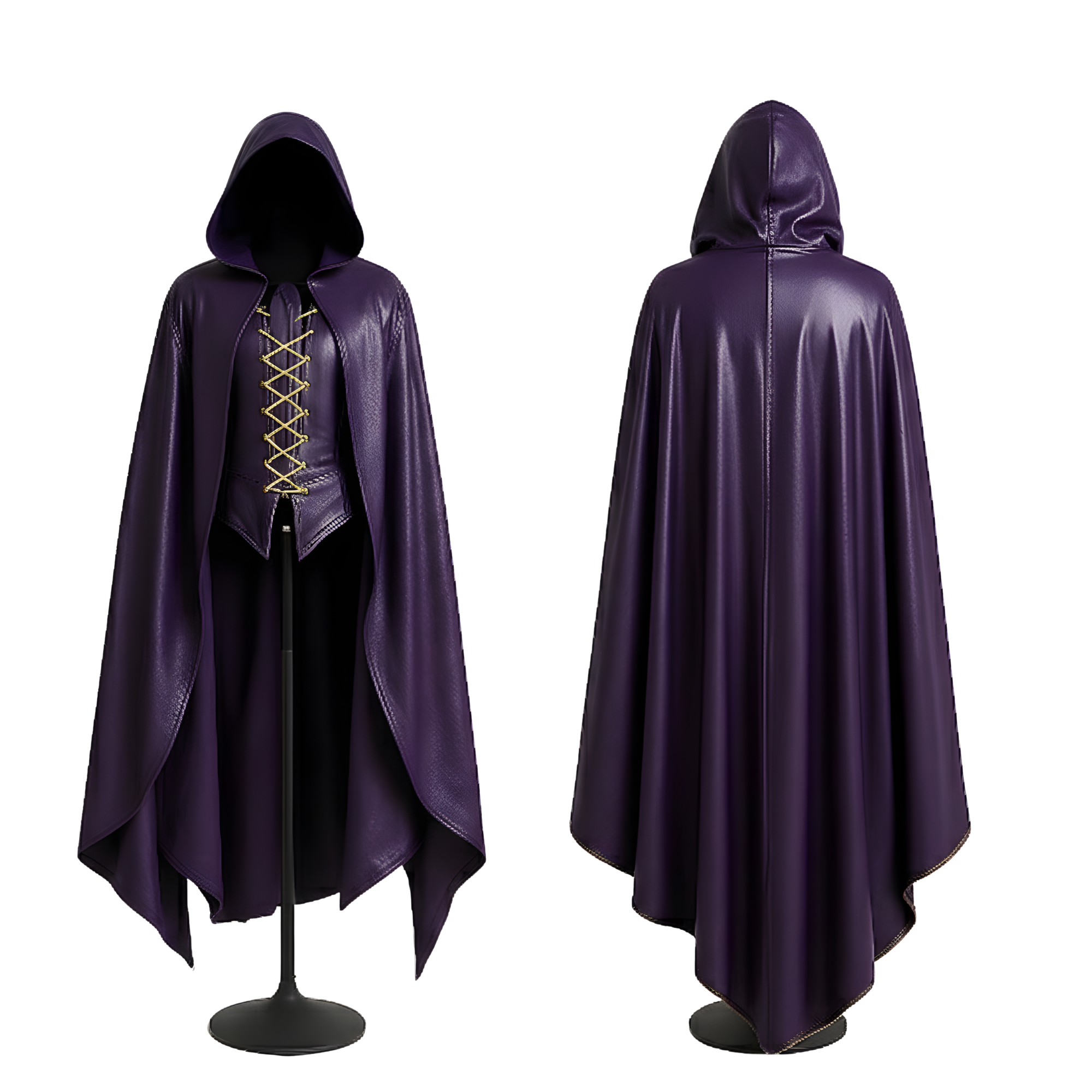 Handmade Purple Leather Hooded Cloak with Vest - LARP Cosplay Costume