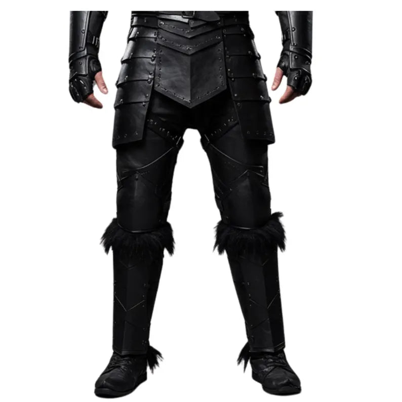 Nomad King-Handmade Black Leather Viking Armor With Fur - Genuine Leather Knight Armor Costume - Pure Black Leather Medieval Armor