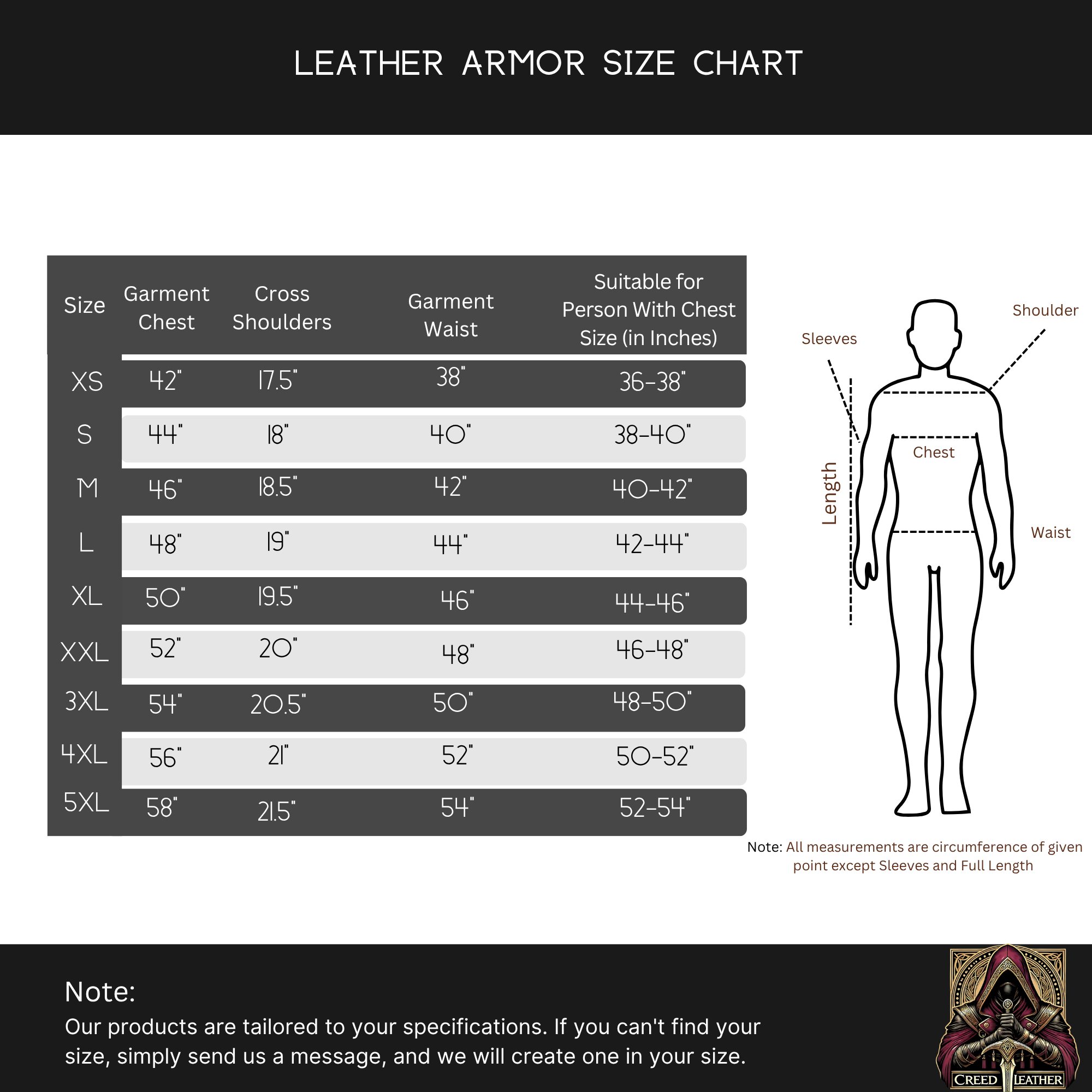 leather armor size chart