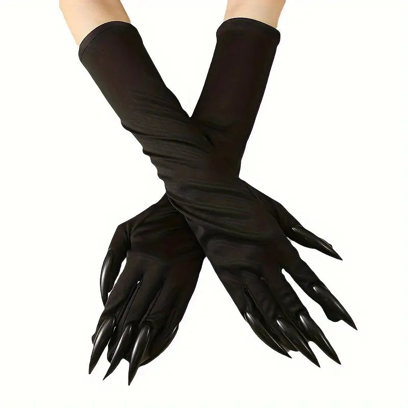 Black long leather gloves from The Bloodthorn Queen cosplay costume — gothic fashion accessories for vampire queen or dark fantasy outfits. Handmade gloves for cosplay, steampunk, or Victorian costumes.