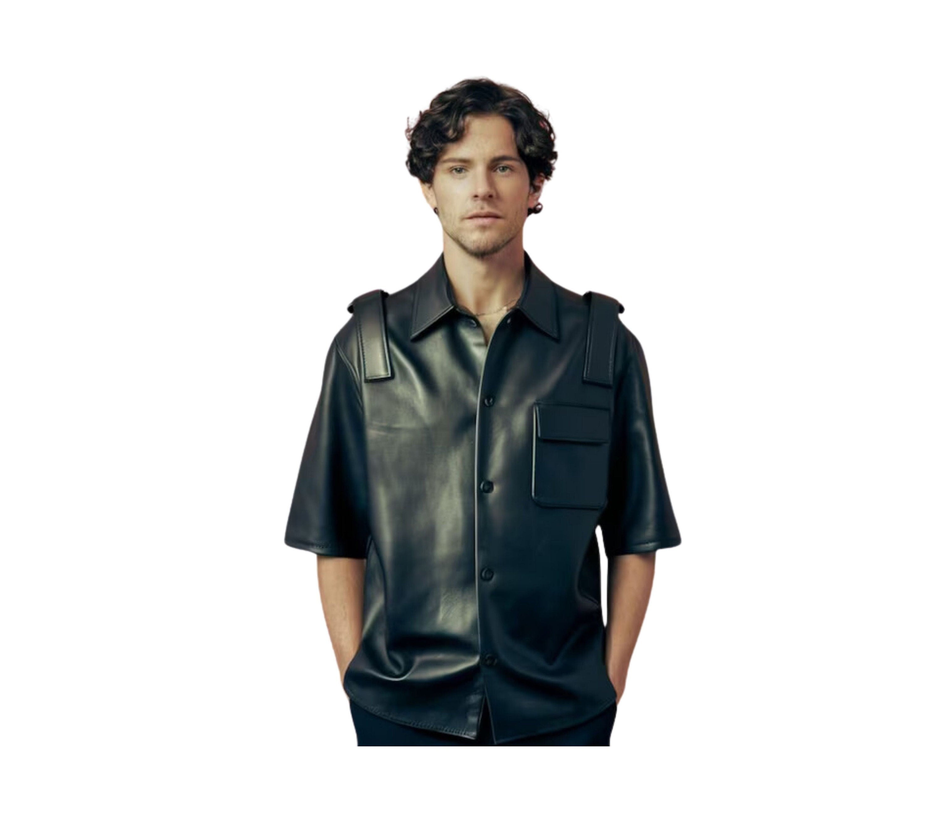 mens leather shirt - black leather shirt - leather button up shirt - leather shirts for men - leather t shirt - black leather top - gay pride t shirts - gay tee shirts - short sleeve leather shirt - Creed Leather