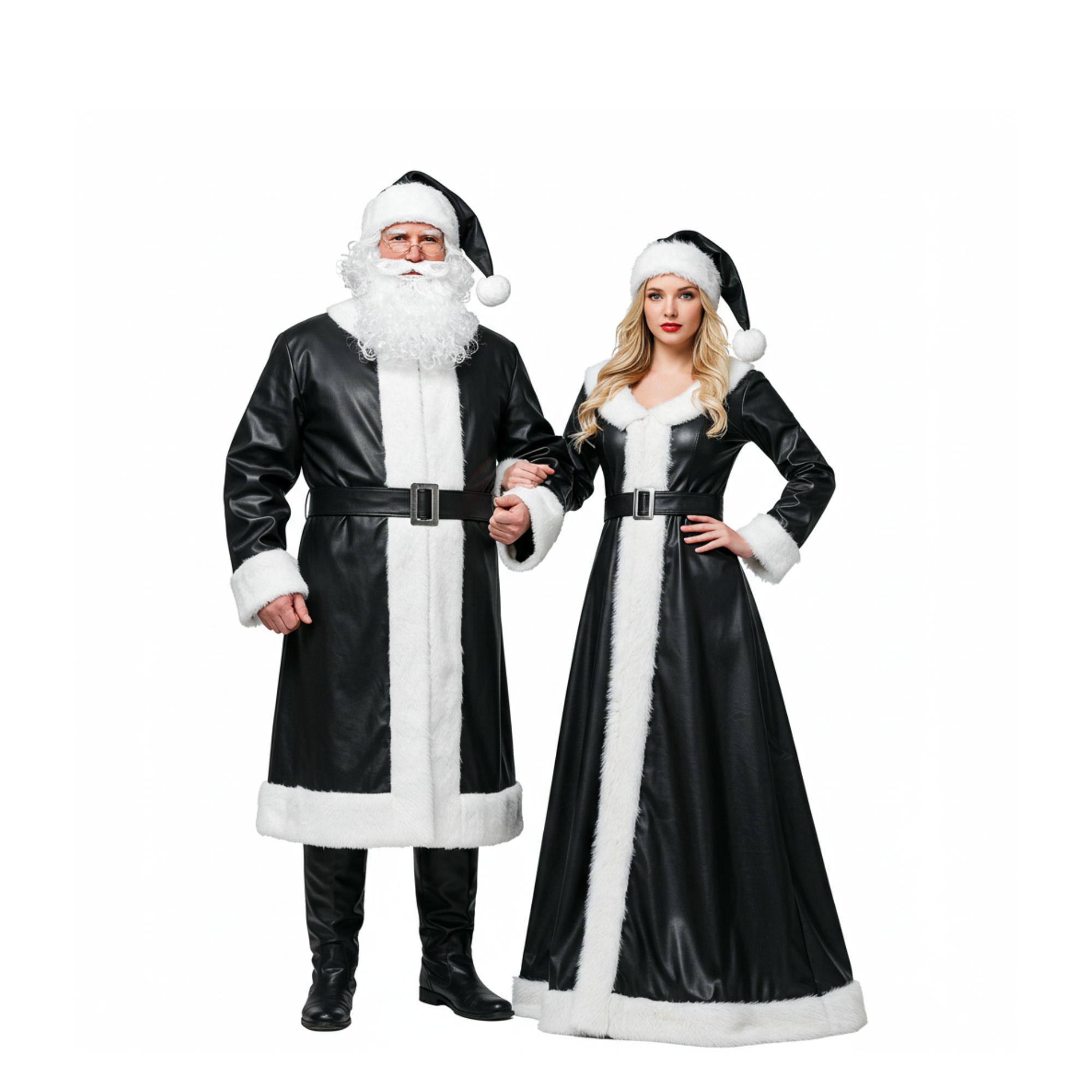 Black and Red Leather Santa & Claus Couple Costume Set โ Christmas Party Cosplay Outfits with White Fur Trim & Matching Hats