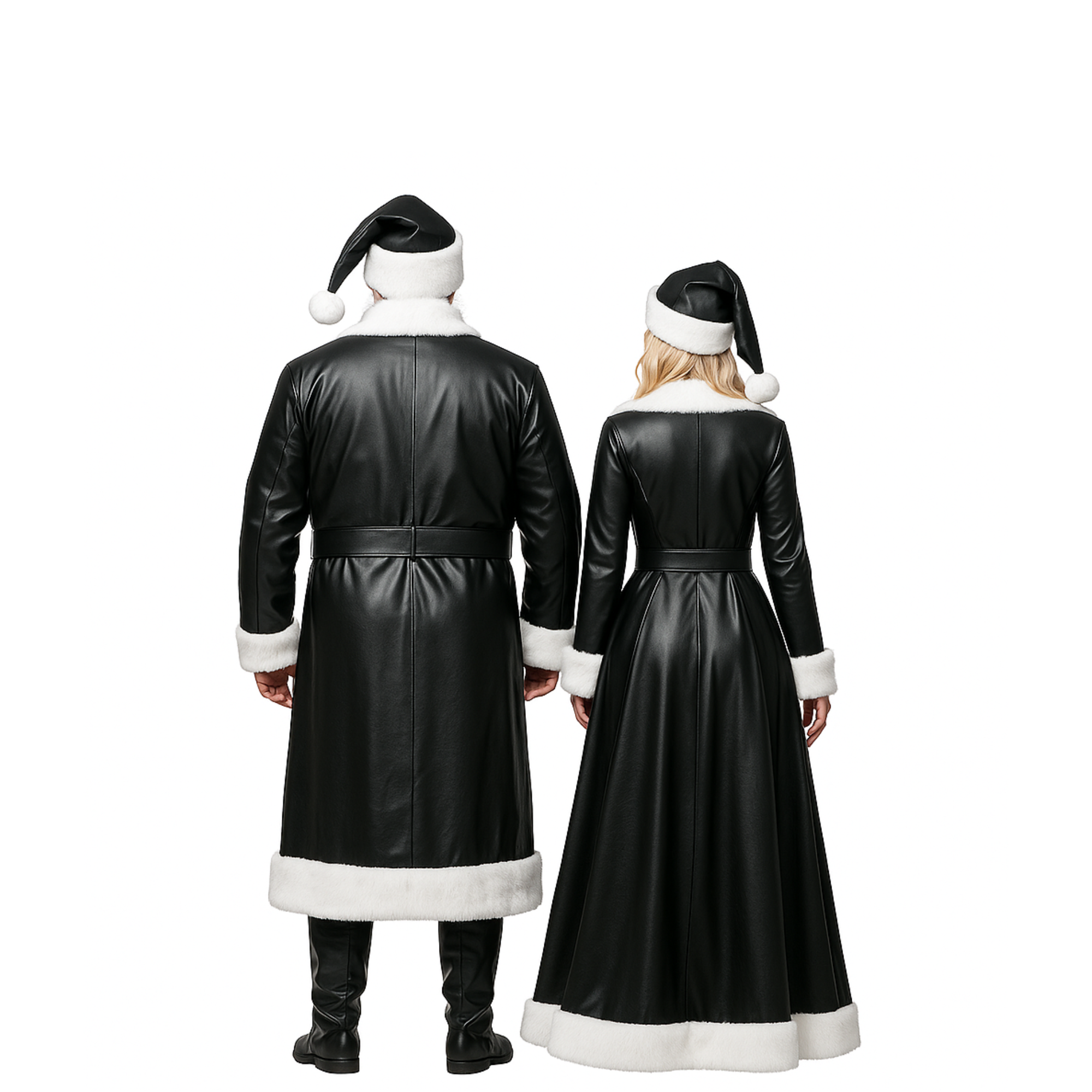 Black and Red Leather Santa & Claus Couple Costume Set โ Christmas Party Cosplay Outfits with White Fur Trim & Matching Hats